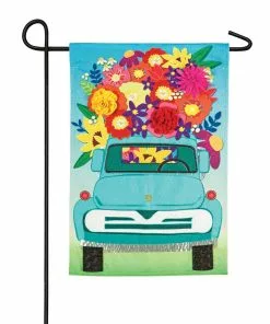 Flash Sale 🔔 Evergreen Mint Flower Truck Garden Linen Flag - 14L8908BL - Garden Flags 👍