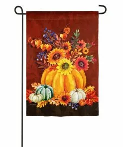Outlet 😍 Evergreen Harvest Floral Pumpkin Bouquet Garden Textured Suede Flag - 14ES9374 - Garden Flags 👍
